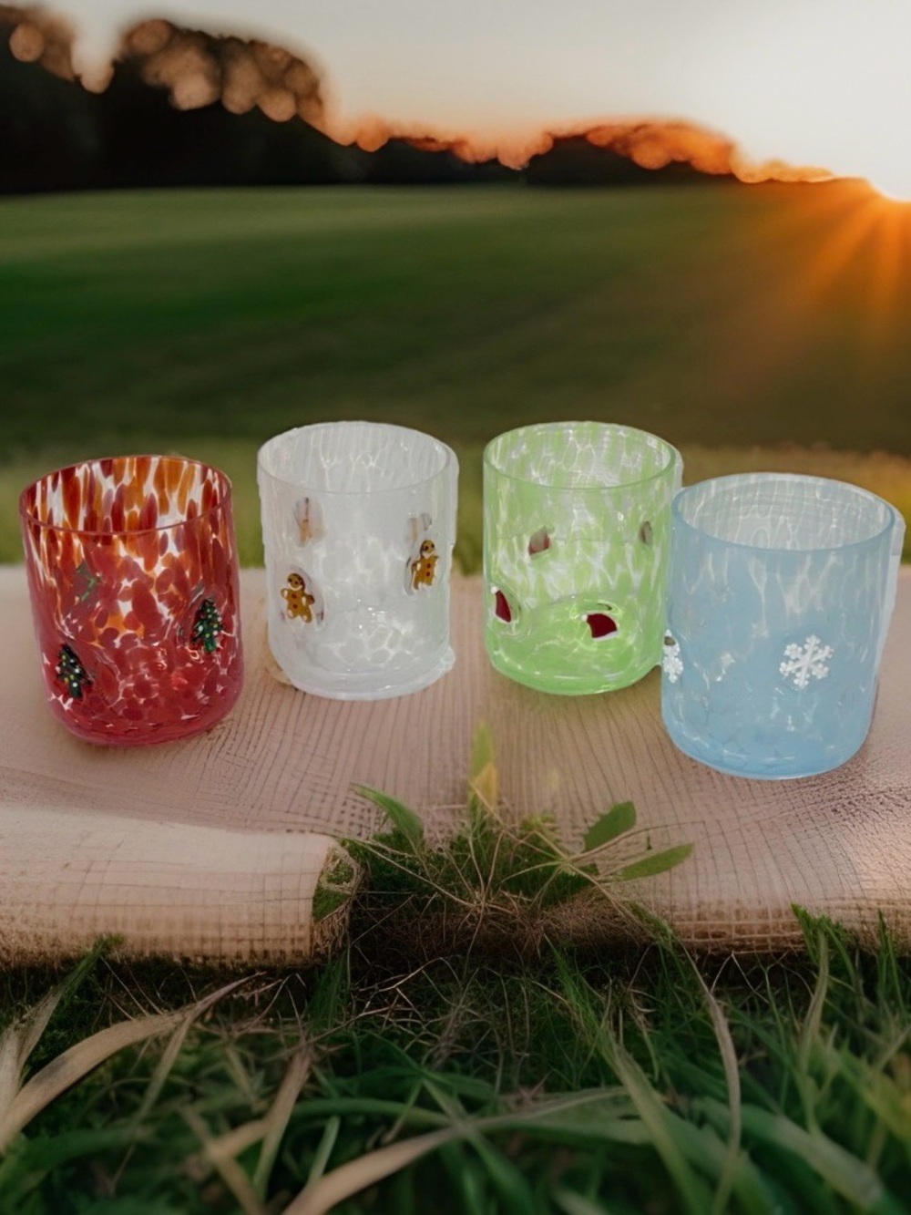 Set of 4 Christmas Confetti Art Glass Tumblers 3D Holiday Applique 4" Tall